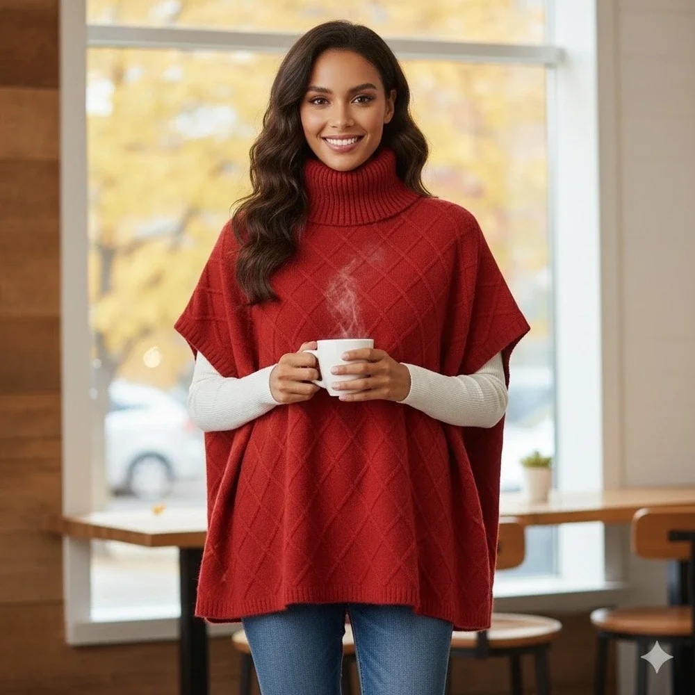 Loft Red Diamond Cable Knit Turtleneck Poncho Sweater‎ Womens M/L Wool Blend